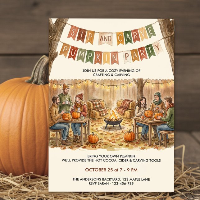 Rustik Trädgårds Kväll med Pumpa och Skulptera Fes Inbjudningar (Sip and Carve Pumpkin Party Halloween Invitation by Darling & May)