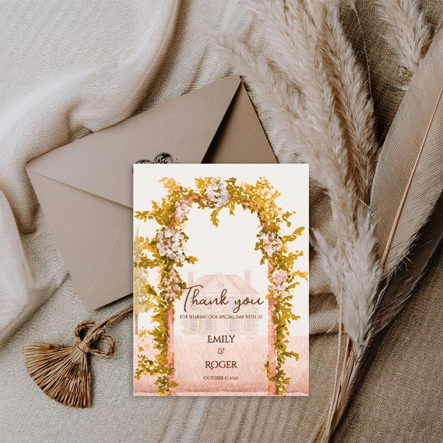 Rustik Trädgårdsbåge Landsbygd Bröllop Tack Vykort (Rustic Garden Arch Wedding Thank You Card Elegant Watercolor Floral Countryside Wedding Thank You)
