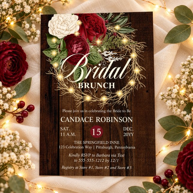 Rustik Trädgårdsbelyst Krans Bröllopsbrunch Inbjudningar (Rustic Burgundy Floral and Faux Twinkle Lighted Grapevine Wreath on Rustic Wood Bridal Brunch Invite)