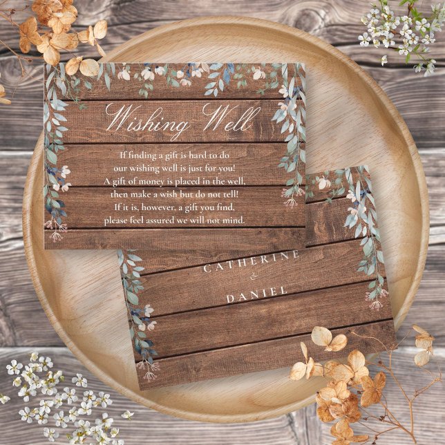 Rustik trädgårdsblomma kaskad önskebrunn bröllop tilläggskort (Rustic Wood Floral Cascade Wishing Well Wedding Enclosure Card)