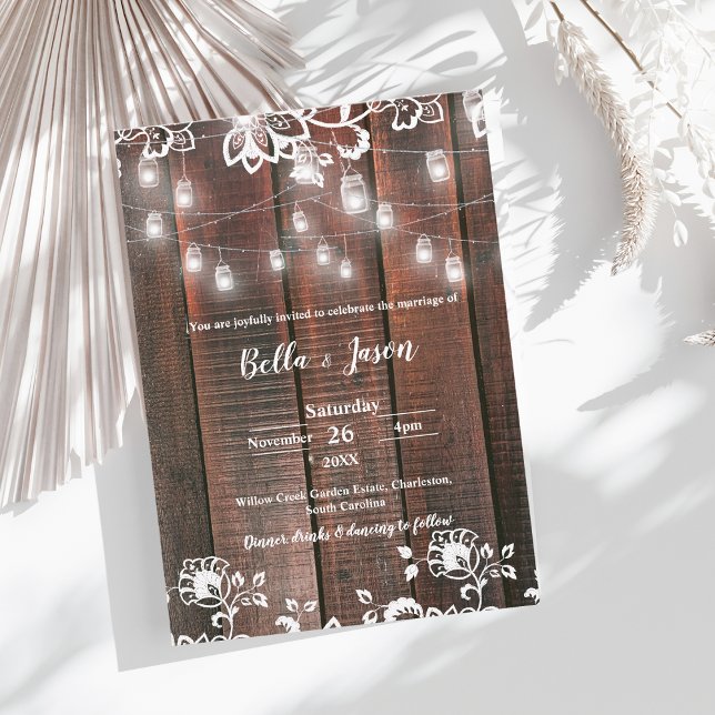 Rustik Trädgårdssträngbelysning Lantlig Bröllopsfi Inbjudningar (Rustic Wood String Lights Wedding Invitation | Barn Lace Wood Country Wedding Invite)