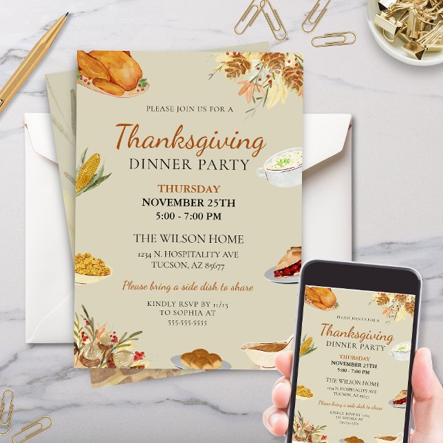 Rustik, traditionell Thanksgiving, Party Inbjudningar (Traditional Thanksgiving Dinner Party invitation with turkey fall floral pie stuffing and corn)