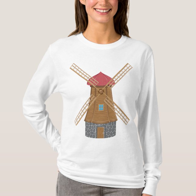 Rustik Traditionell Trä Vindkraftverk T Shirt (Framsida)