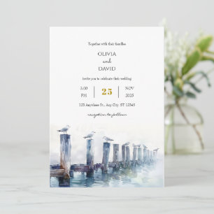 Rustik trädocka Gulls Ocean View Beach Wedding Inbjudningar