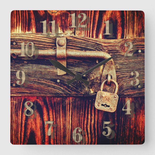 Rustik trädörr med antika mässlingklocka fyrkantig klocka (Framsida)