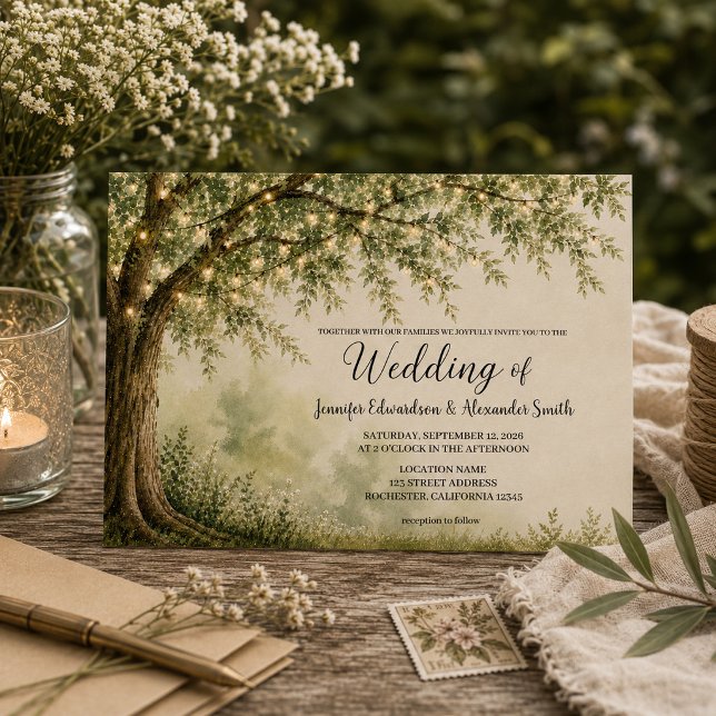 Rustik trädslinga med ljus för landsbygdbröllop inbjudningar (Rustic tree with string of lights country wedding invitation. For your rustic country wedding.)