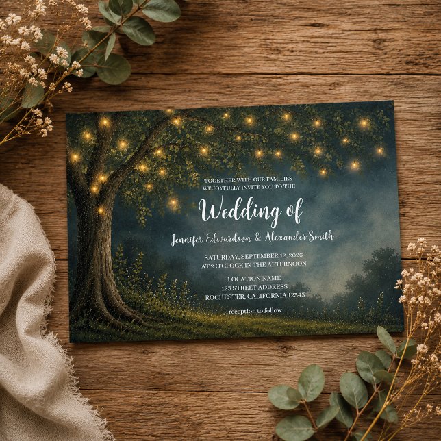 Rustik trädslinga med ljus natt landlig bröllopsfe inbjudningar (Rustic tree string of lights night country wedding invitation. For your rustic country wedding.)