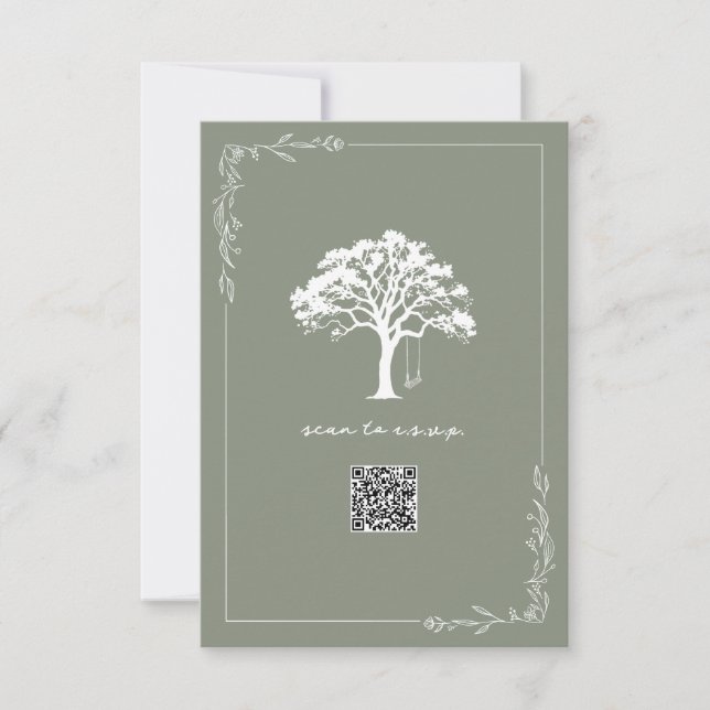Rustik Trädsving Gyllengrön QR-kod Bröllop RSVP OSA Kort (Framsida)
