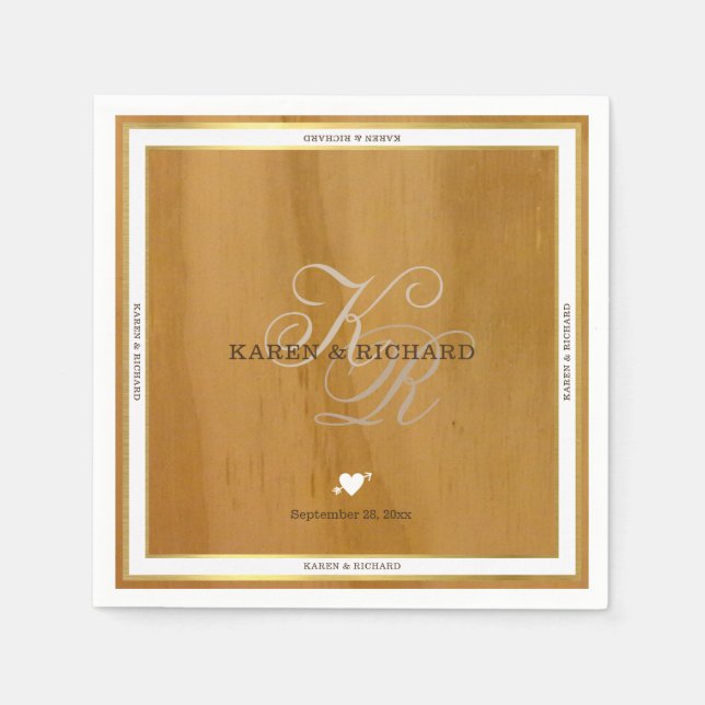 Rustik träets monogrambröllopsmottagning pappersservett (Framsidan)