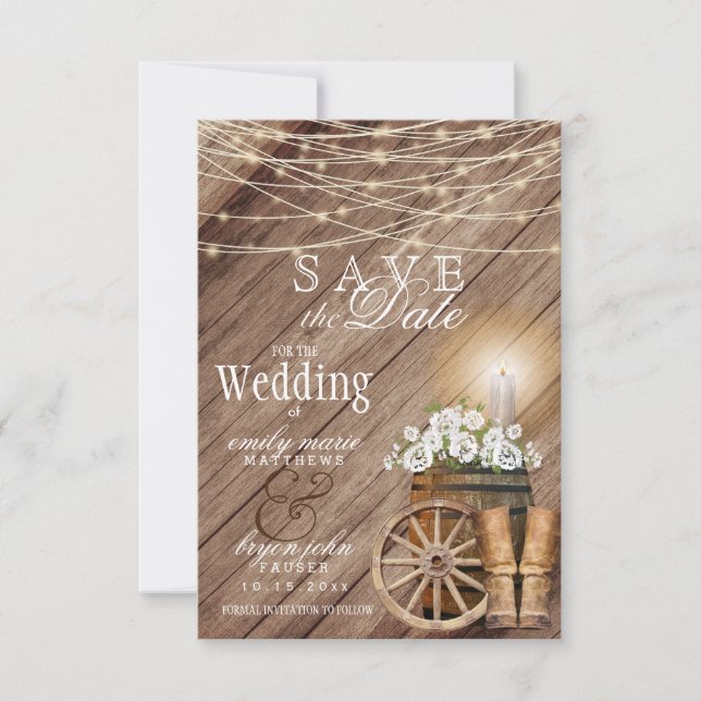 Rustik träfat och strängljus spara datumet (Framsida)