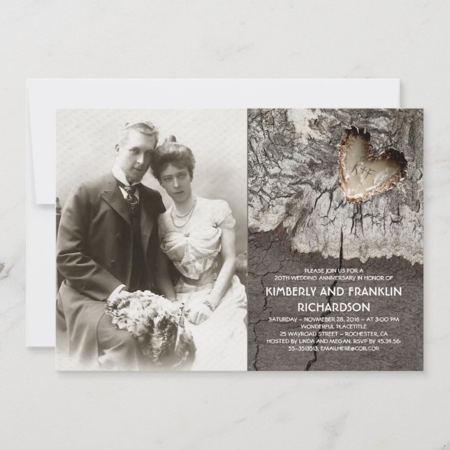 Rustik Trähjärta Foto Bröllopsjubileum Inbjudningar (Framsida)