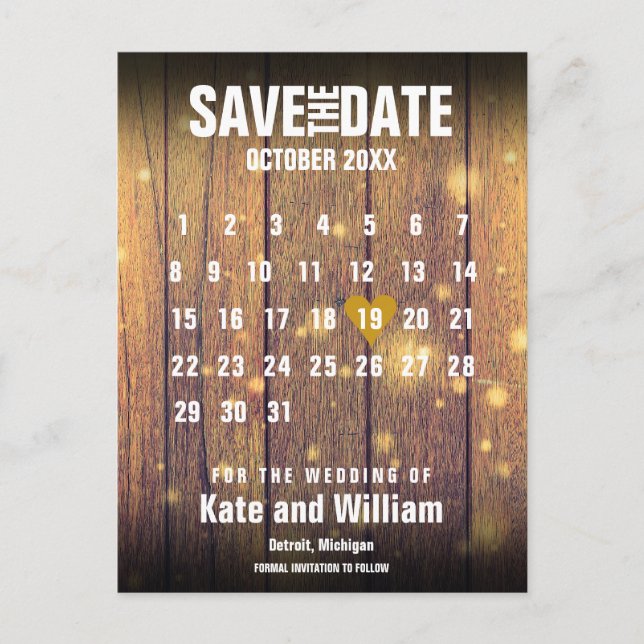 Rustik Träkalender Spara Datum Guld Kärlek Hjärtat Meddelande Vykort (Framsida)