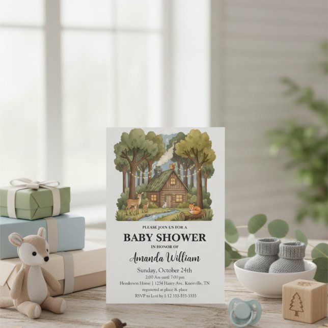Rustik Träkoja Skogsdjur Baby Shower Inbjudningar (Skapare uppladdad)