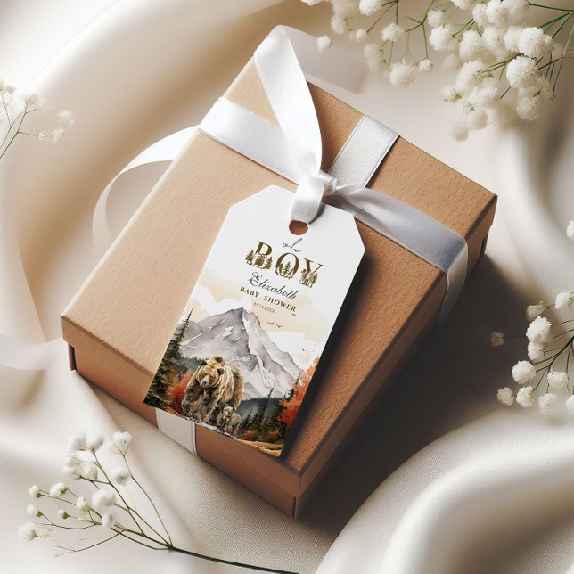 Rustik Träland ”Åh Pojke” Bergs Björn Baby Shower Presentetikett (Skapare uppladdad)
