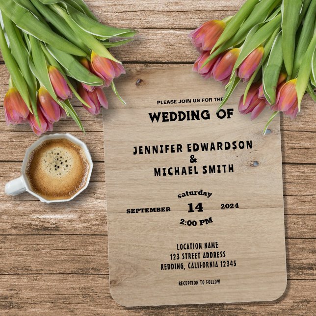 Rustik trälandshyddland bröllopsinbjudan magnet (Rustic barn wood typography rural country wedding invitation magnet.)