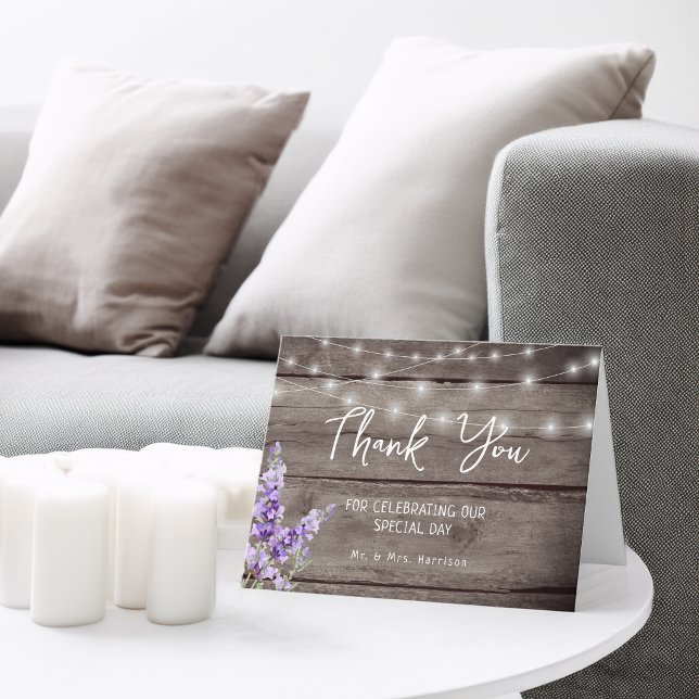 Rustik Träljustextur för bröllopsfoto i lavendelto Tack Kort (Rustic Lavender Wood Texture Light Wedding Photo Thank You Card)