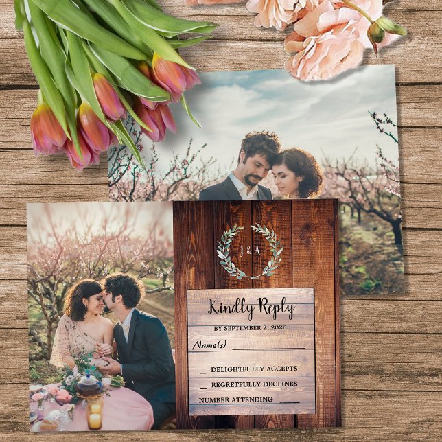 Rustik trämönogram fotobryllops budget RSVP Tilläggskort (Rustic wood monogram photo Wedding budget RSVP Enclosure Card. You can add your own photos.)