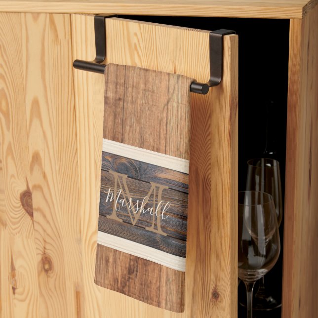 Rustik trämönster monogram horisontell rand beige kökshandduk (Thirds Fold)