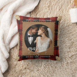 Rustik träplank-pläd Första julen gifta  Kudde