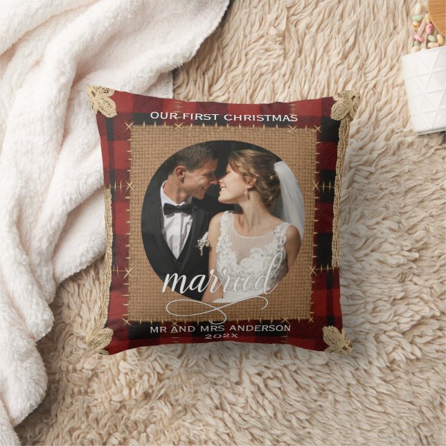 Rustik träplank-pläd Första julen gifta  Kudde (Filt)