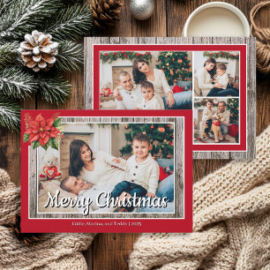 Rustik Träröd Familj 4 Foto God Jul Julkort