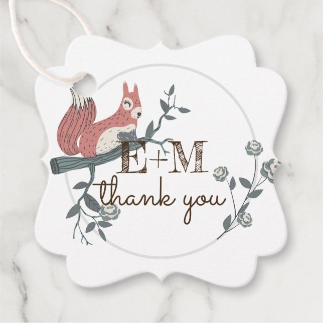 Rustik Träsklands Ekorre Monogram Tack Gåvor Etiketter (Framsida)