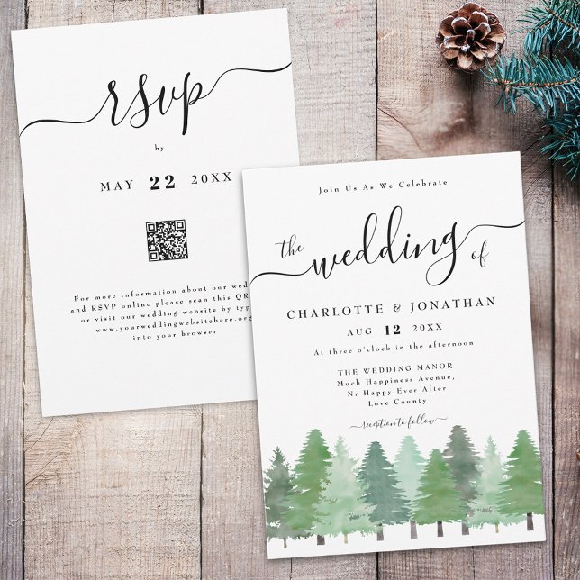 Rustik Träskogsbröllop med akvarell QR-kod Inbjudningar (Modern watercolor Woodland forest rustic wedding qr code rsvp invitation elegant script )