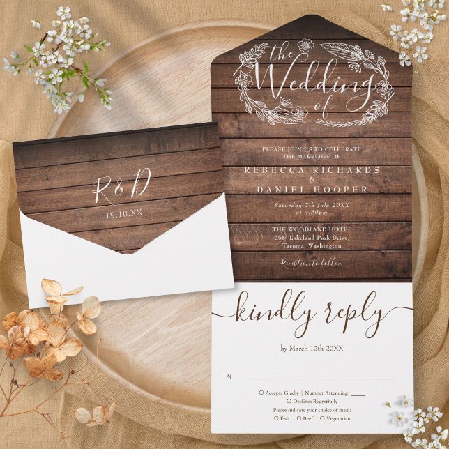 Rustik Träskrift Monogram Blommig Bröllop (Rustic Wood Script Monogram Floral Wedding All In One Invitation)