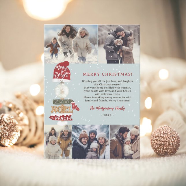 Rustik träskylt, skript jul 5 foton julkort (Rustic wooden sign script Christmas 5 photos Holiday Card on icy blue)