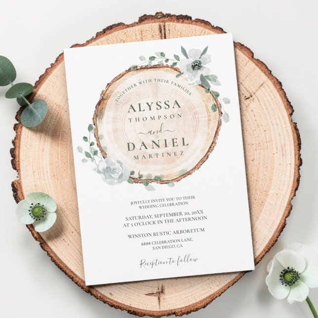 Rustik Träsnitt Salvia Akvarell Blommig Bröllop Inbjudningar (Boho watercolor florals with rustic wood cut slice wedding invitation.)