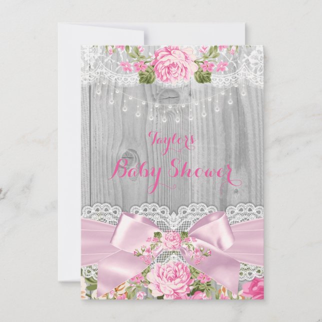 Rustik Träspets Rosa Blommig Bebis Shower 2 Inbjudningar (Framsida)