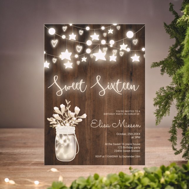 Rustik trästräng ljus mason burk Sweet 16 Inbjudningar (Rustic wood string lights mason jar Sweet 16 Invitation)