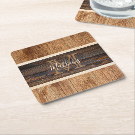 Rustik Träton Monogram-rand Underlägg Papper Kvadrat