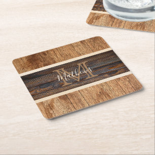 Rustik Träton Monogram-rand Underlägg Papper Kvadrat