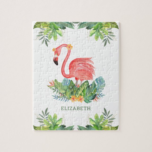 Rustik Tropisk Djungel Söt Blommig Flamingo Namn Pussel (Vertikal)