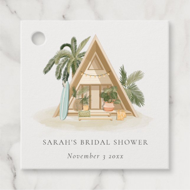 Rustik Tropisk Palm Strand Stuga Bröllopsdusch Gåvor Etiketter (Framsida)