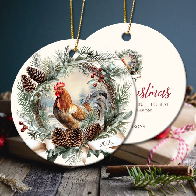 Rustik tupp-husdjur Jul-gräs-andedräkt Julgransprydnad Keramik (Rustic rooster farm animal Christmas pine wreath Ceramic Ornament)