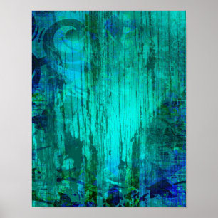 Rustik turkos Blommigt Weasted Wood Grain Poster