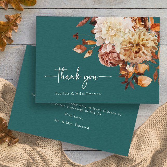 Rustik Turkos Tack Kort (Rustic Copper Leaves Autumn Floral Teal Thank You Card by Painted Paperie
)