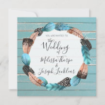 Rustik Turkos Trä Fjädrar Bröllopsinbjudan