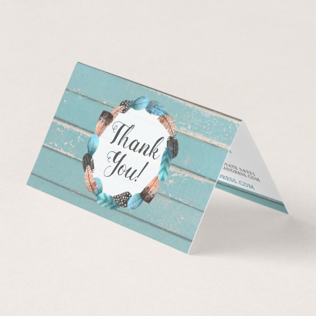 Rustik turkos trä- och fjäderpil tack kort (Framsida)