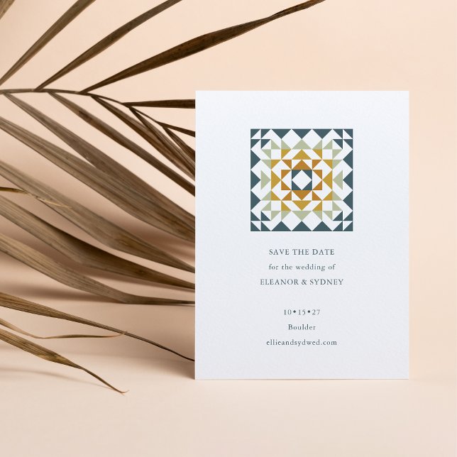 Rustik turkosgrön höstgeometrisk quiltsäng Bröllop Spara Datumet (Skapare uppladdad)