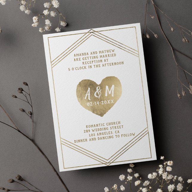 Rustik typografi guld, hjärtgeometri bröllop inbjudningar (Rustic typography gold heart geometrical wedding )