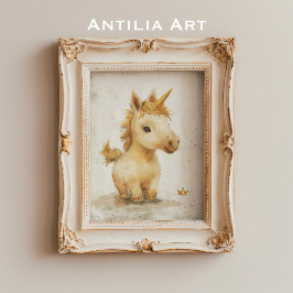 Rustik Unicorn-målning Small Golden Krona Poster