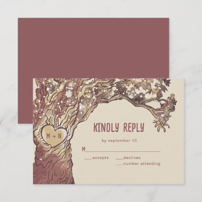 Rustik utskuren hjärtformad ekträbröllopskort för  OSA kort (Fram/baksida)