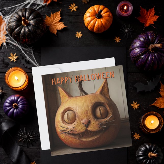 Rustik Uttristad Katt Jack O Lantern Halloween Julkort (Skapare uppladdad)