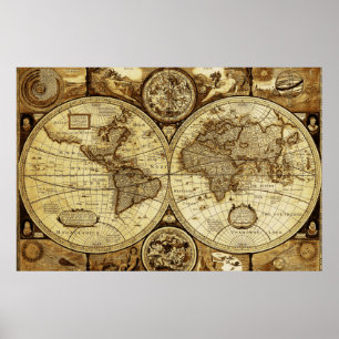 Rustik, vacker Vintage, gammal världskarta Poster