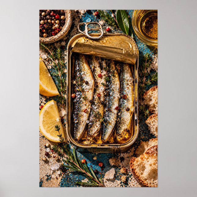 Rustik Väggkonst med Konserverad Fisk och Citron (Framsidan)