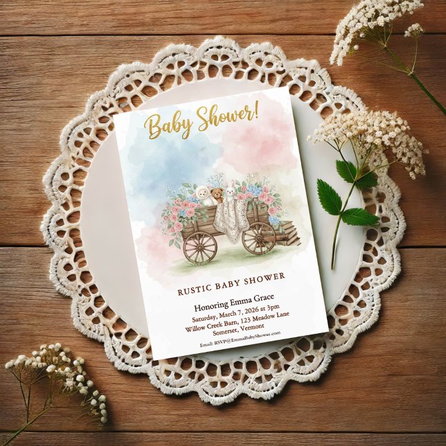 Rustik Vagn Vattenfärg Blommig Baby Shower Inbjudningar (Skapare uppladdad)