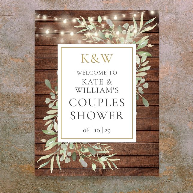 Rustik välkomstskylt med monogram och blad för brö poster (Rustic Monogram Foliage Bridal Shower Welcome Sign)